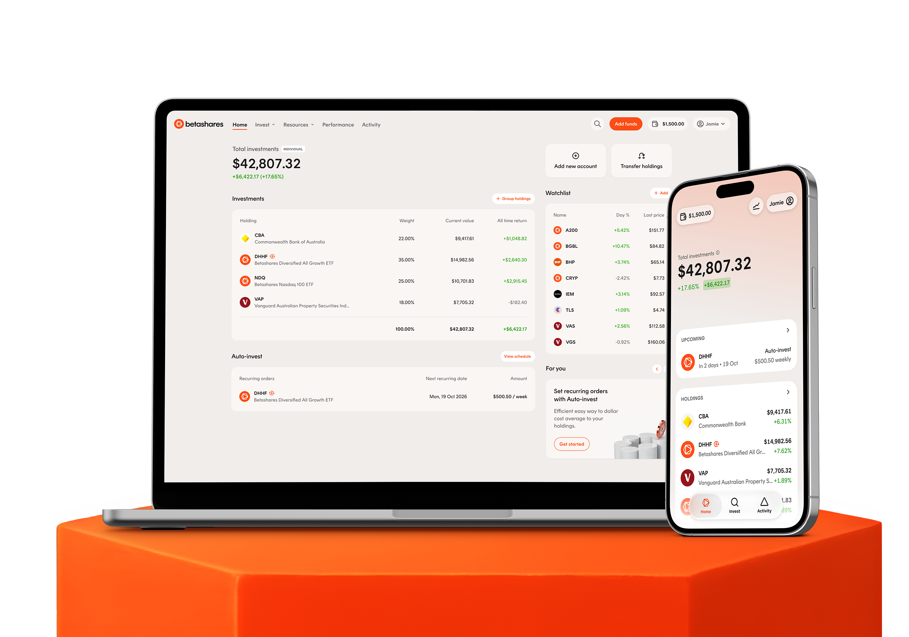 Betashares Direct portfolio dashboard shown on a laptop and mobile app