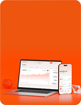 Betashares Direct laptop and phone on an orange backdrop